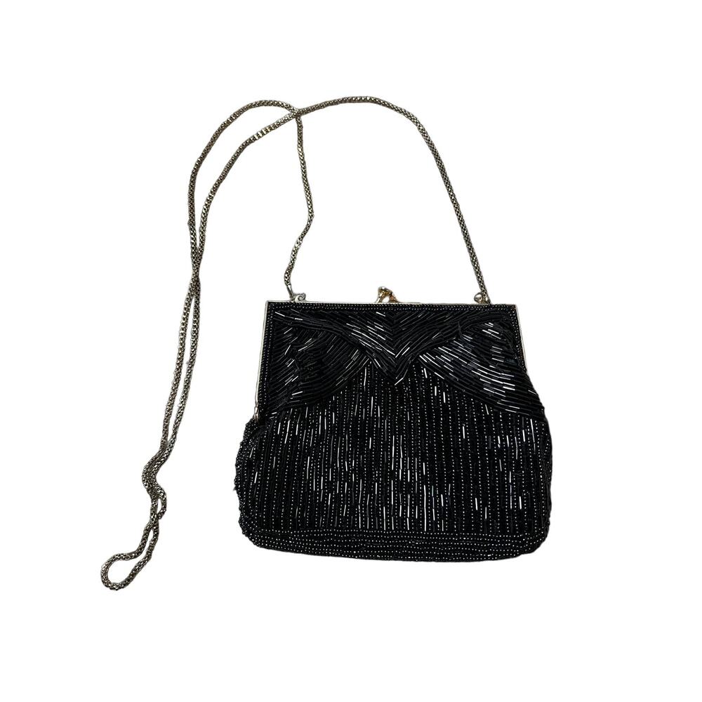 Vintage Black Beaded Mini Purse with Gold Chain by Magid